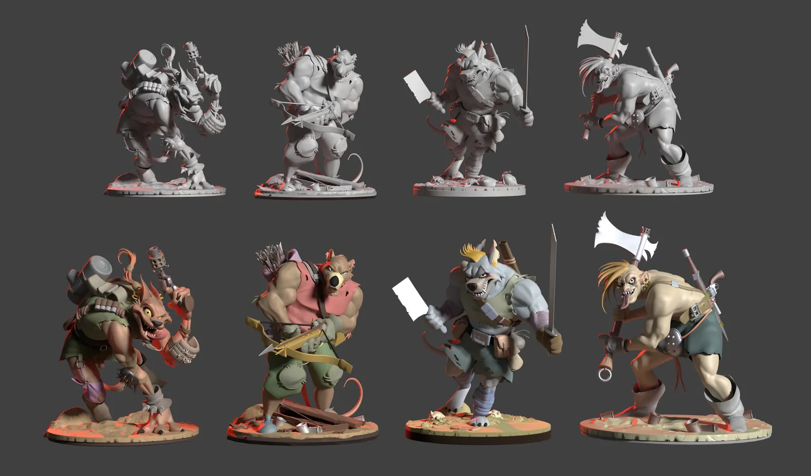 The four crowdfunding miniatures, in grey and in colour